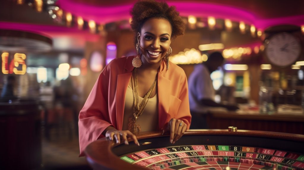 A Casino dealer by the table.