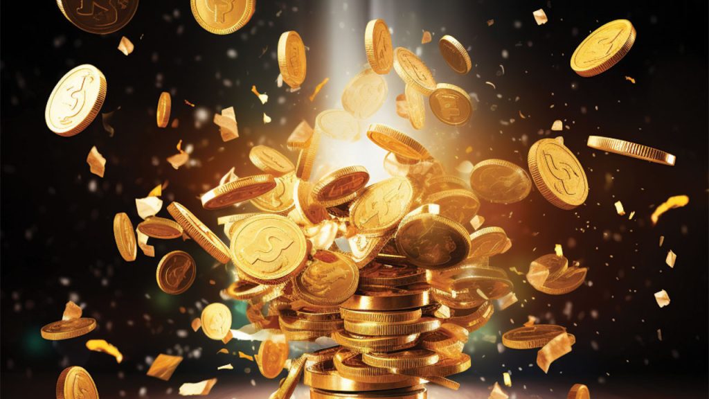 Gold coins floating in the air.