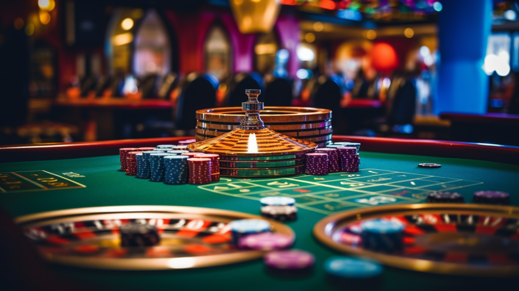 Casino chips scattered on a poker table.