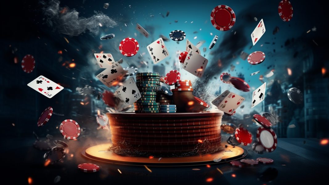 Casino Chips and cards floating in the air.