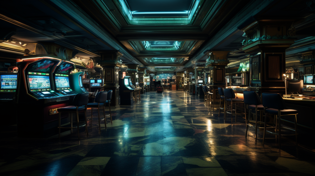 a gaming hall with a casino booth.