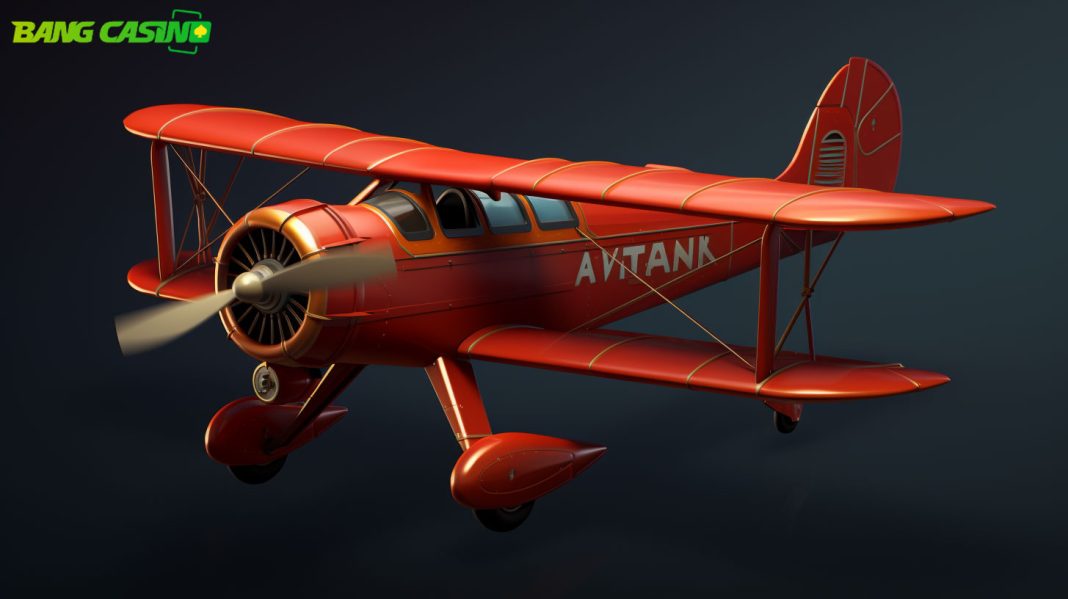 Red airplane with a BangCasino logo to signify Aviator
