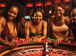 Four ladies seated round a roulette table in a Casino.