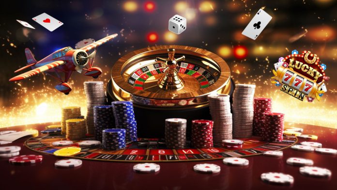 Casino checkers, deck of cards, and dice floating in the air artwork.